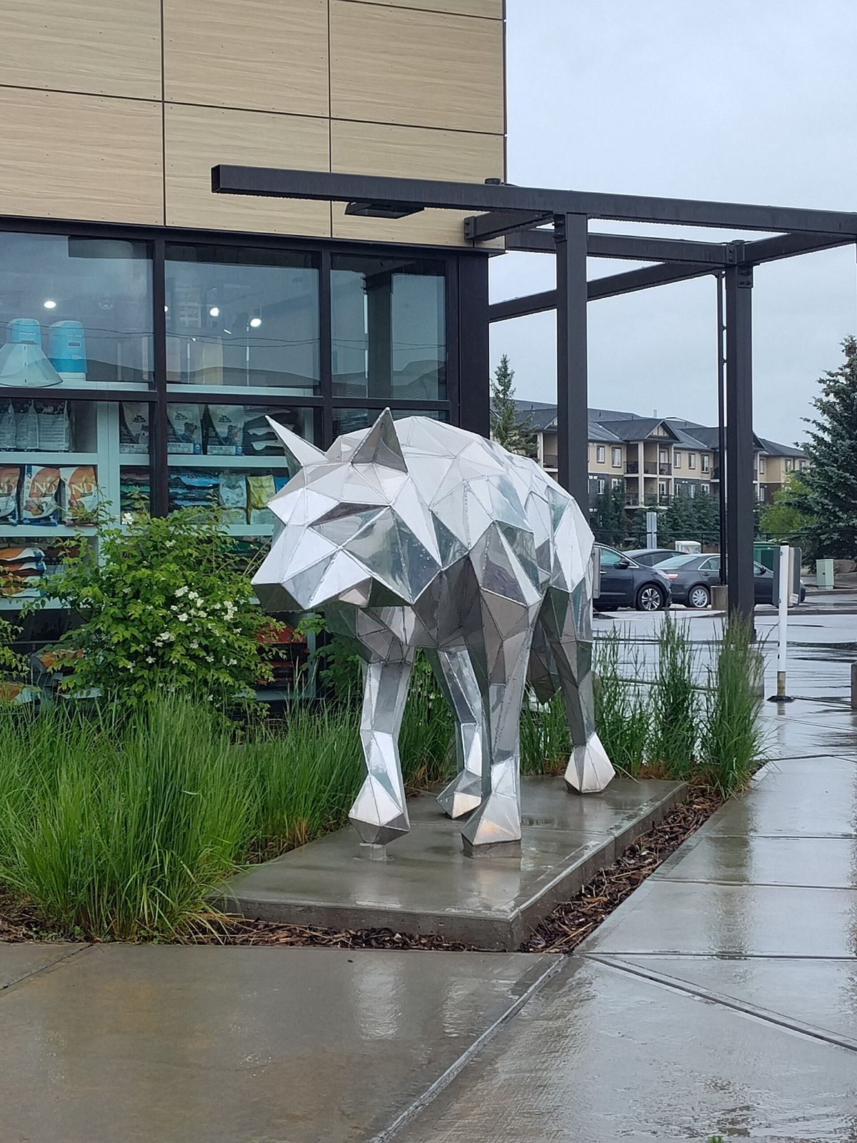 A silver wolf sculpture outside shops in the Legacy Gate Village plaza in Legacy, Calgary.