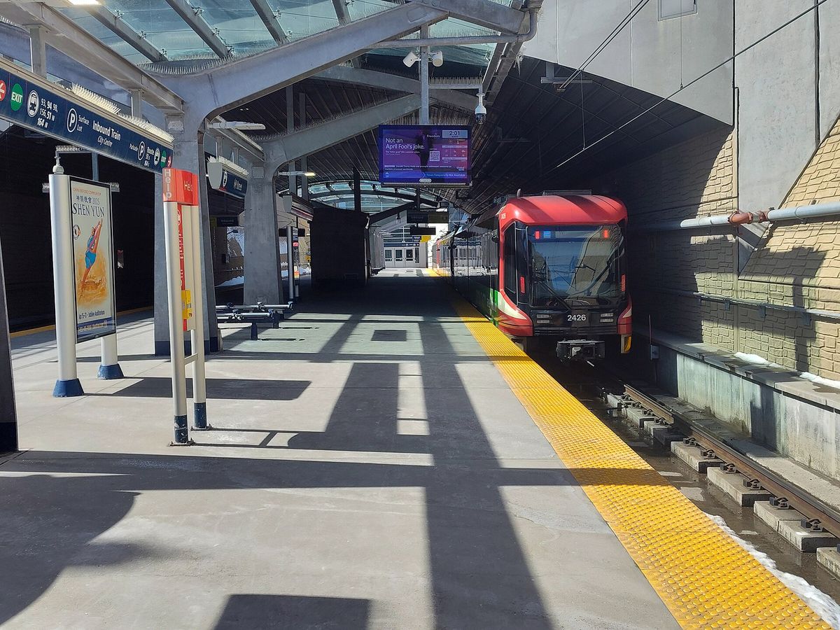 The platform at 69 Street station, the west end of the CTrain Blue Line, near Springbank Hill.